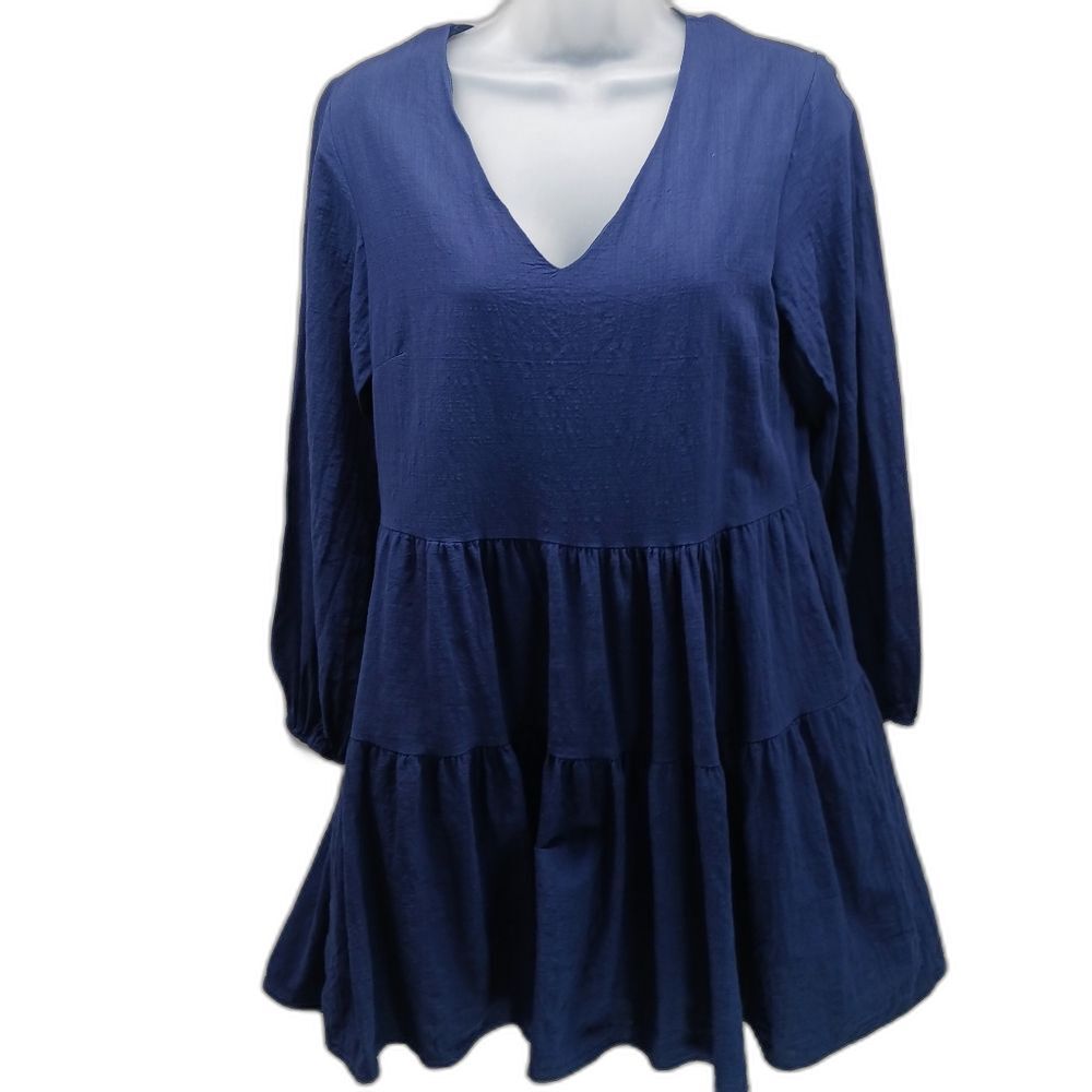 Fancyinn V- neck Babydoll Mini/ Midi Ruffle Dress Long Sleeve Blue Small........